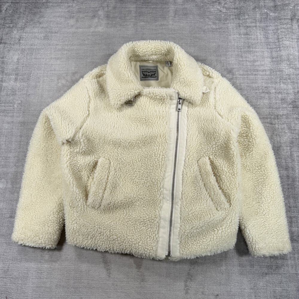 Levi's Jacket Womens XL White Asymmetric Zip Sherpa Aviator Moto Teddy Coat